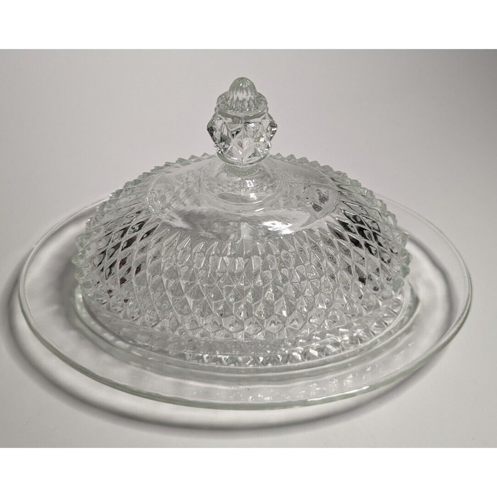 Vintage Clear Glass Pressed Cut Diamond Oval Covered Butter Dish Crystal Finial